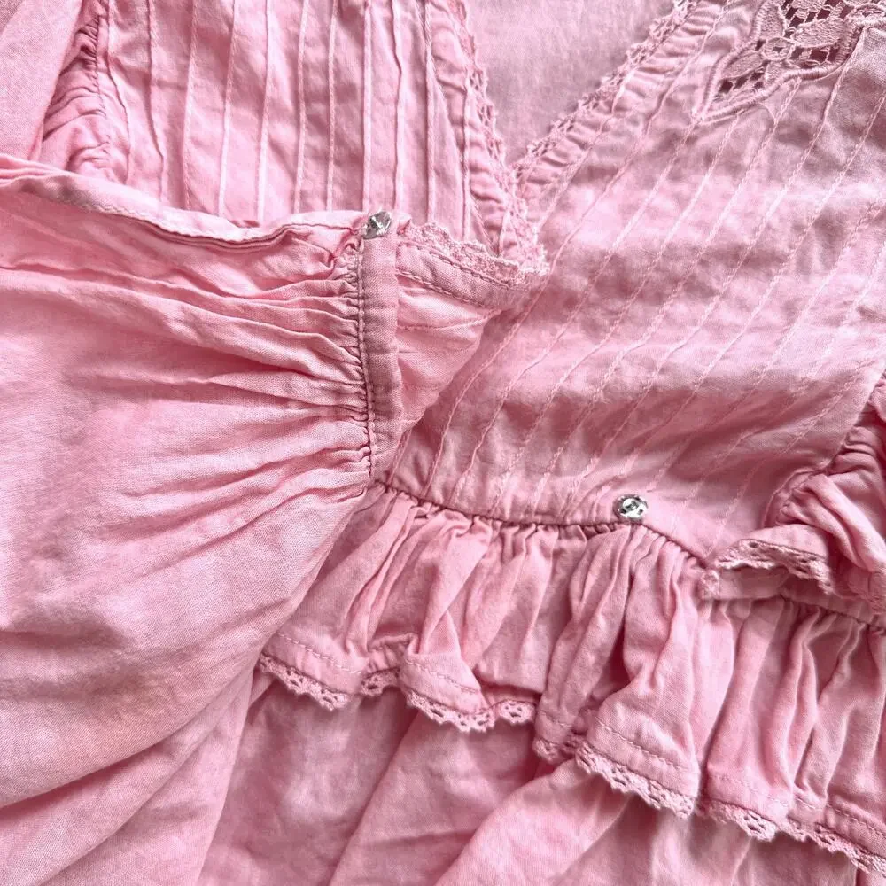 Farm Rio Blush Pink Puff Sleeve V-Neck Cropped Bohemian Blouse Size XS